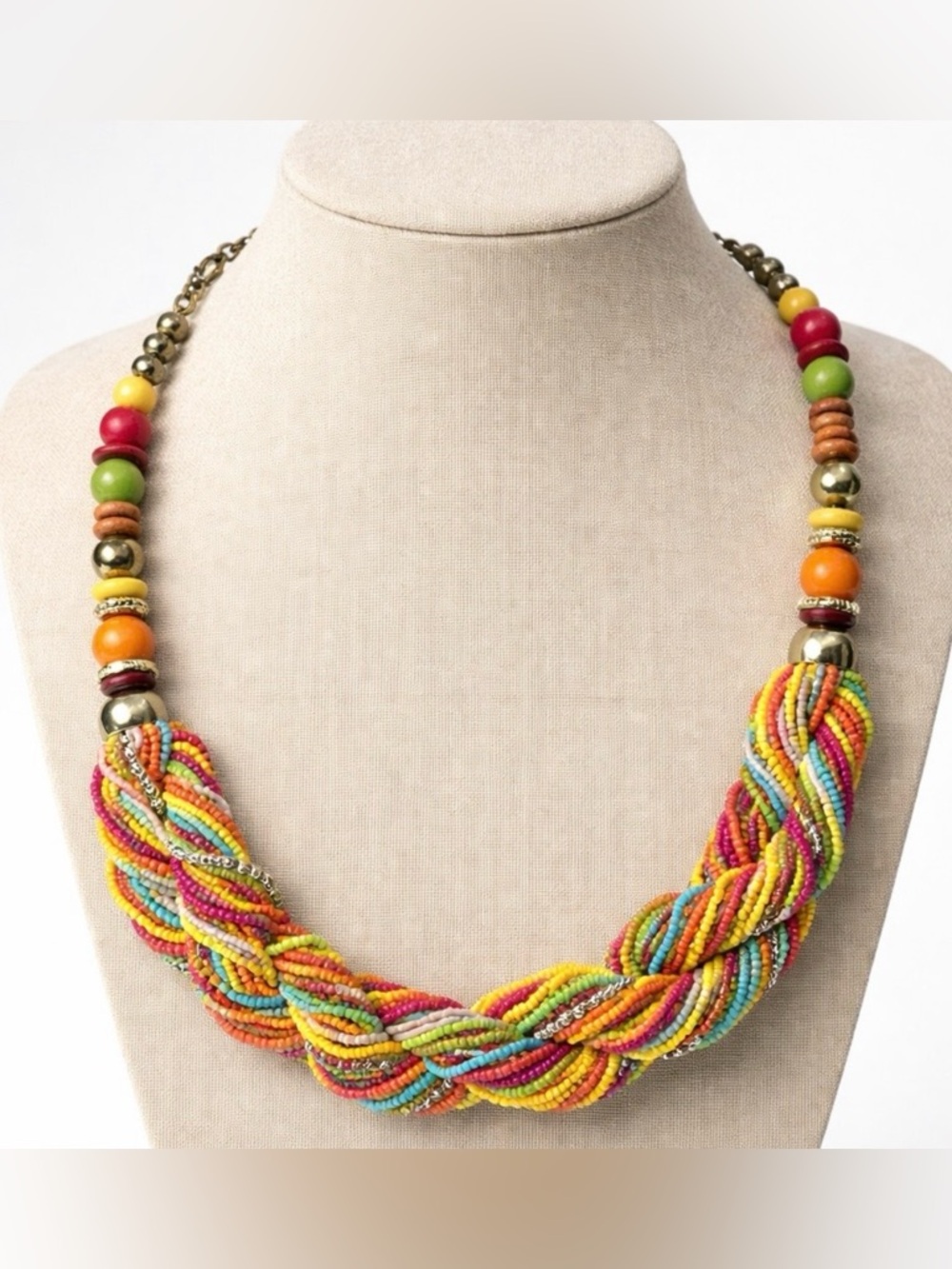 Vintage Multicolor Braided Beaded Statement Necklace 12"